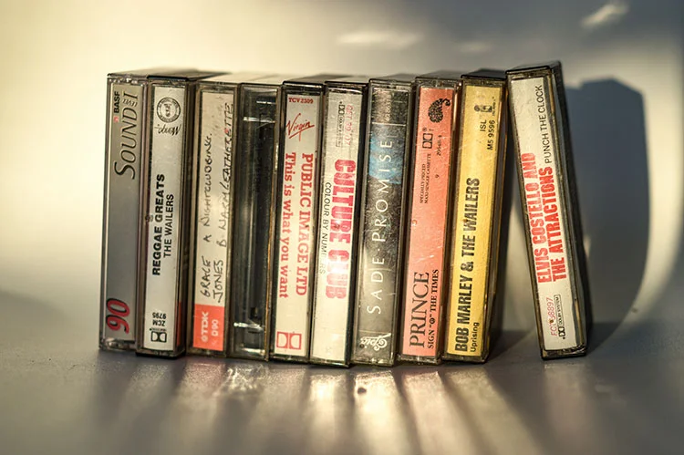 Row of vintage cassette tapes